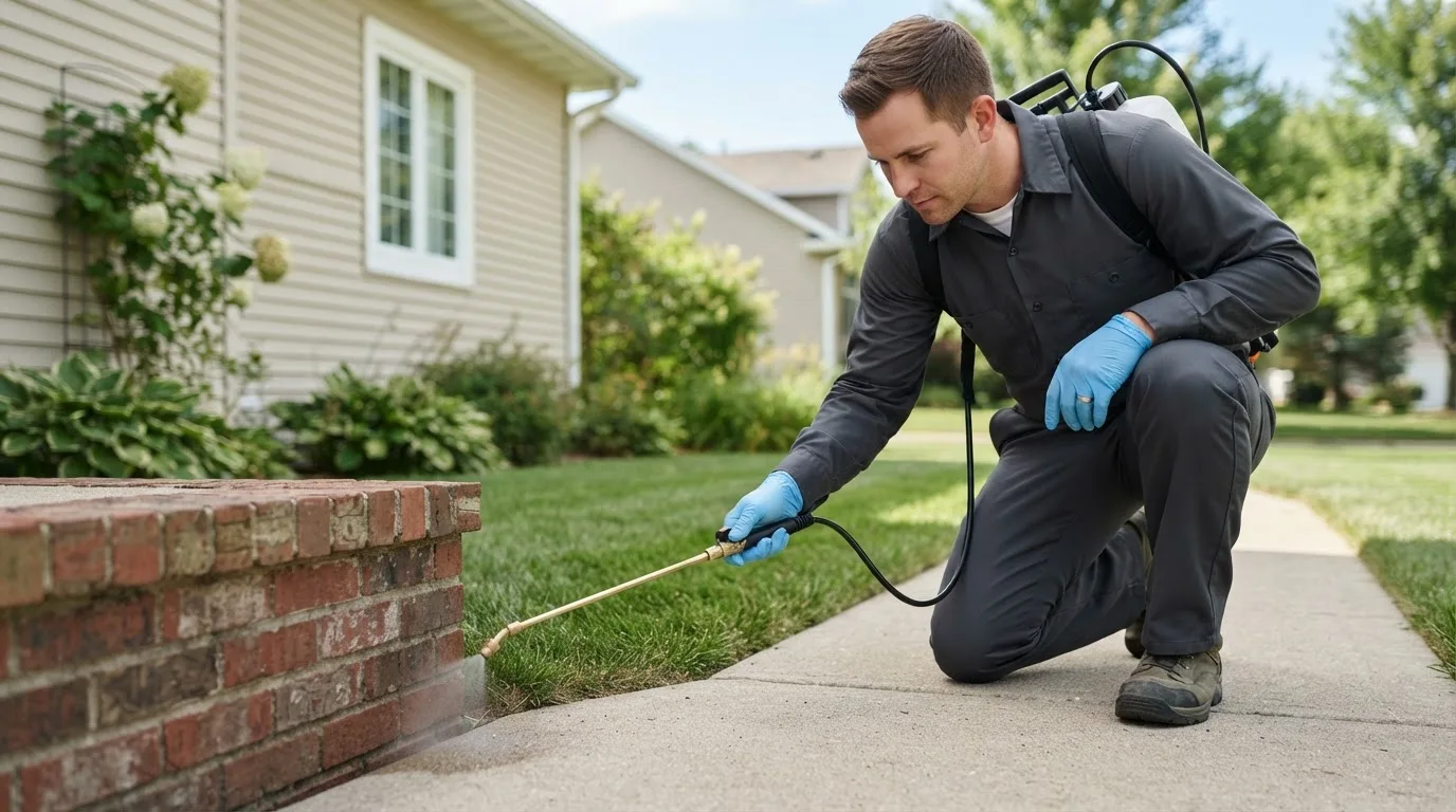 Pest control technician treating a home near Garciasville, TX